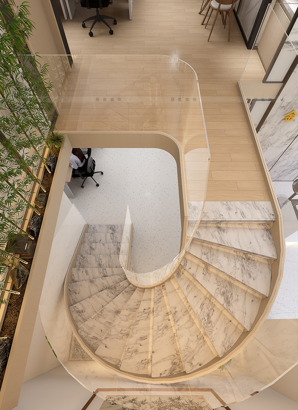 辦公室二層與一層的夾層旋轉(zhuǎn)樓梯俯視圖